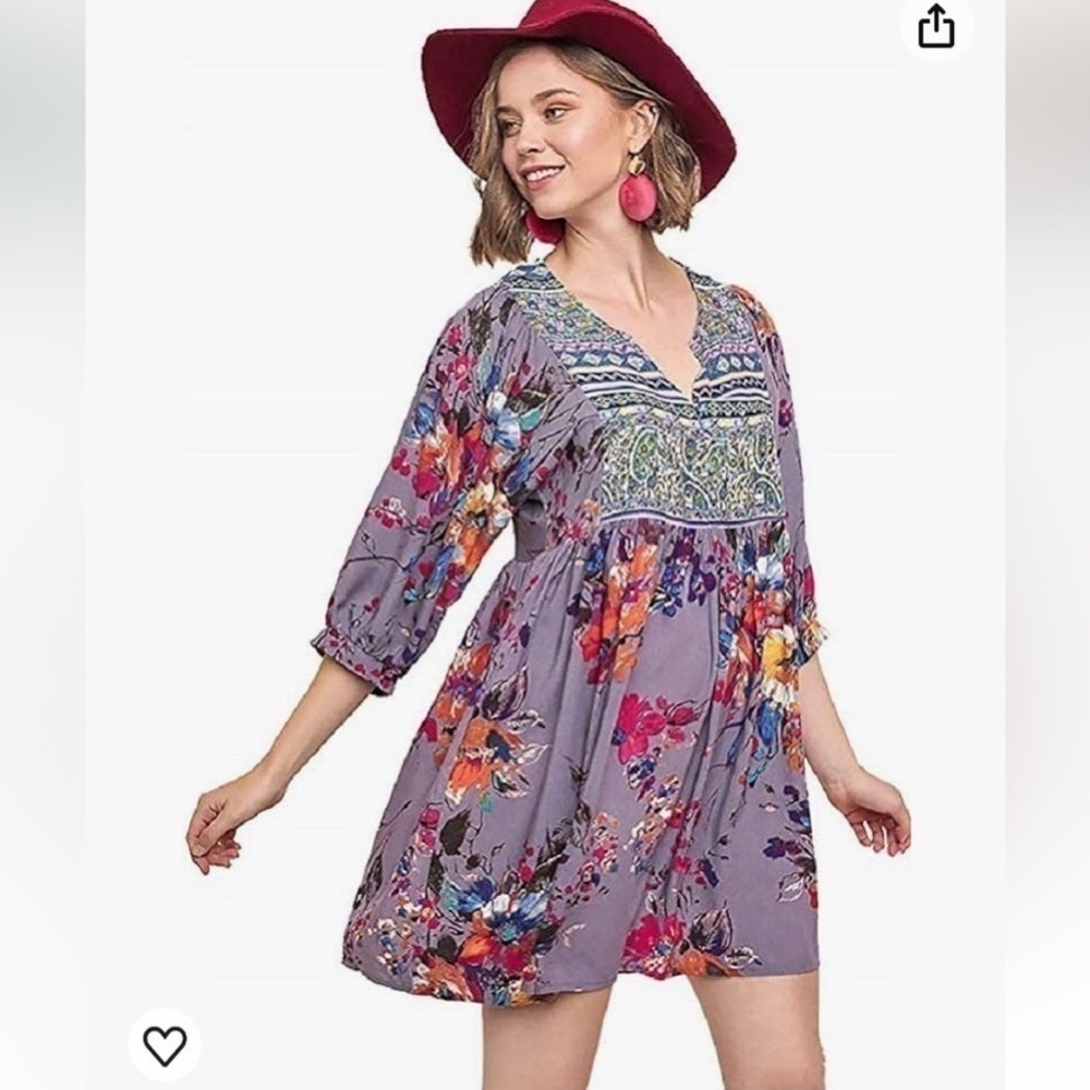Umgee Women’s Twirly Girl Dress Purple Floral Boho Tunic Twirl Balloon S…